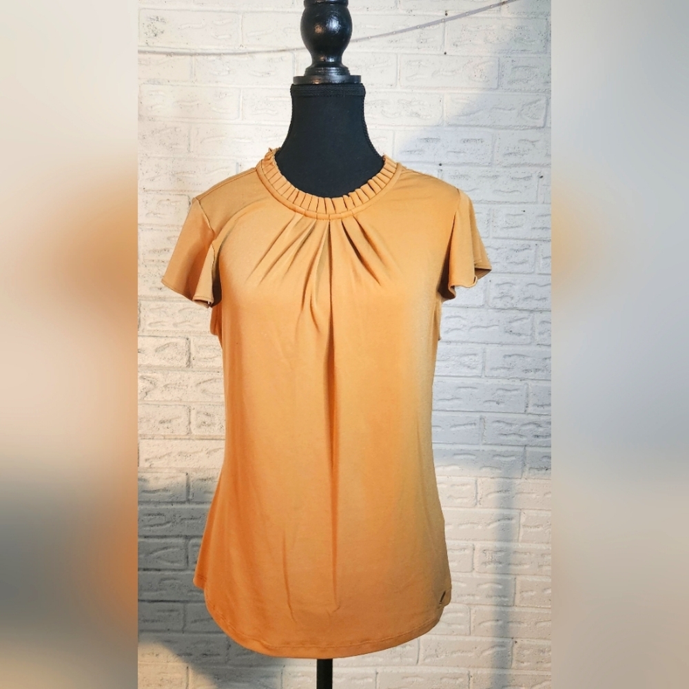 Calvin Klein Yellow Ruffle Blouse M Coquette Feminine Ruched Neckline Spring Top
